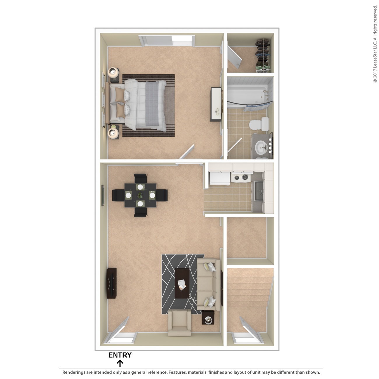 A floor plan of a small apartment with an entry point.